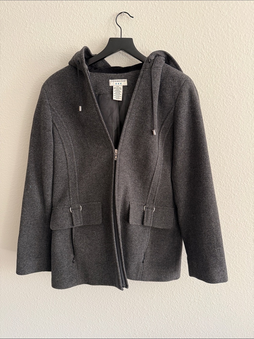Covington Charcoal Hooded Wool Blend Pea Coat Zip Front M